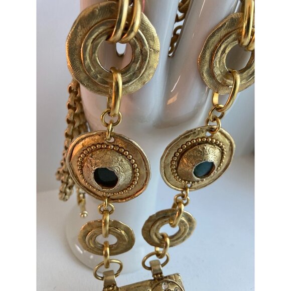 Vintage CLAIRE DEVE Gold Metal Double Chain Etruscan Statement Runway Necklace - Picture 5 of 16